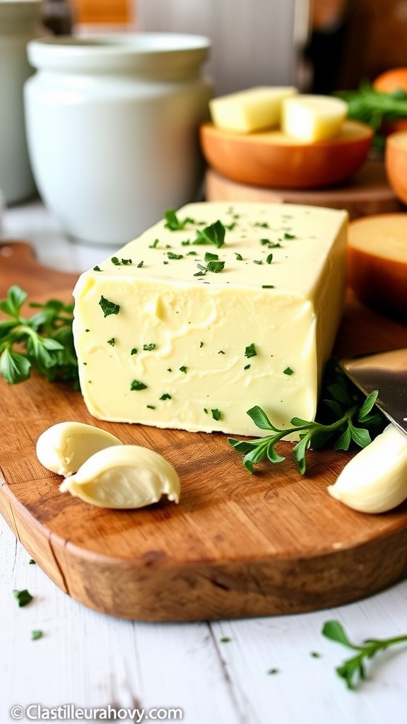 Savory garlic herb butter on a wooden board with fresh herbs and garlic cloves.